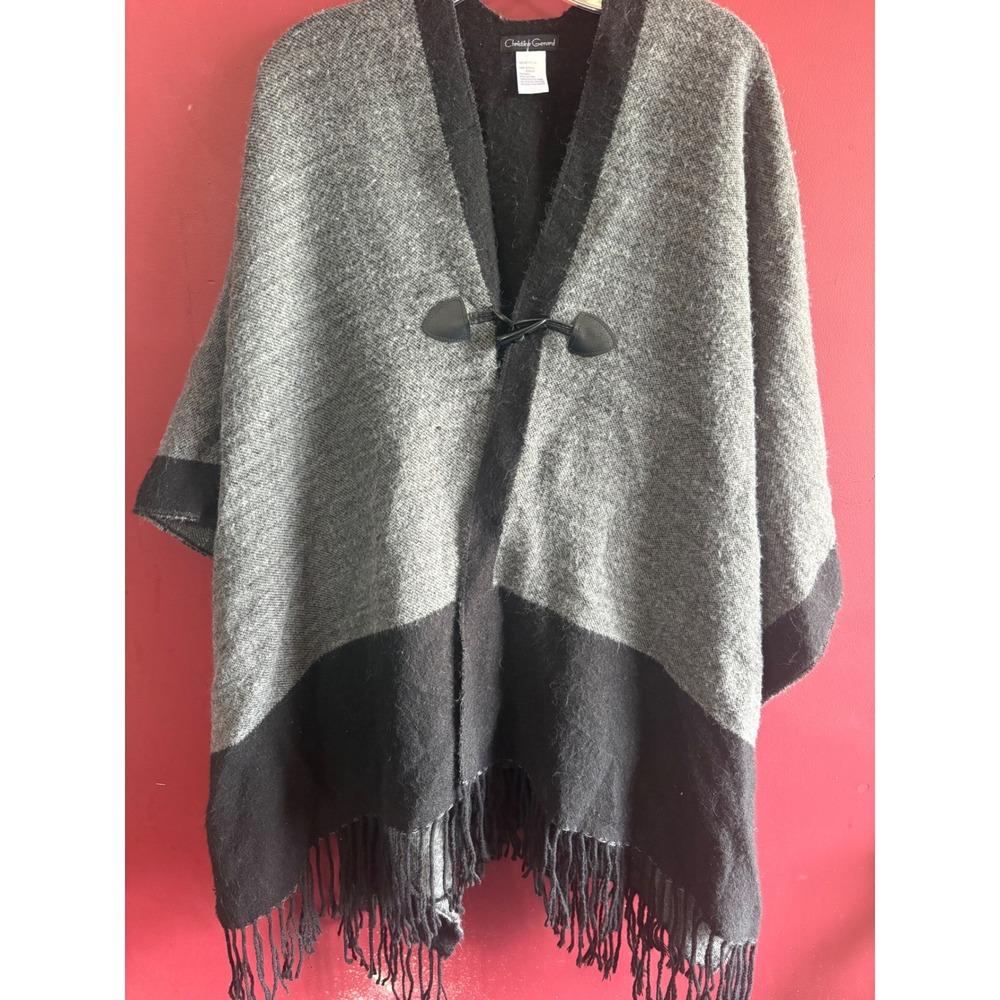 Christine Gerard Womens Gray Black Colorblock Toggle Closure Fringe Poncho Wrap